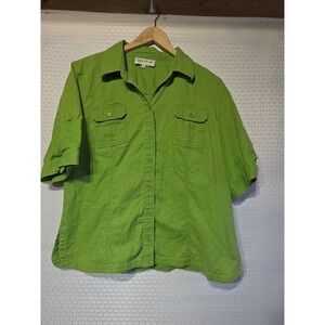 Jones New York Sport Green Linen Cotton Button Pockets Short Sleeve Tabs Large L